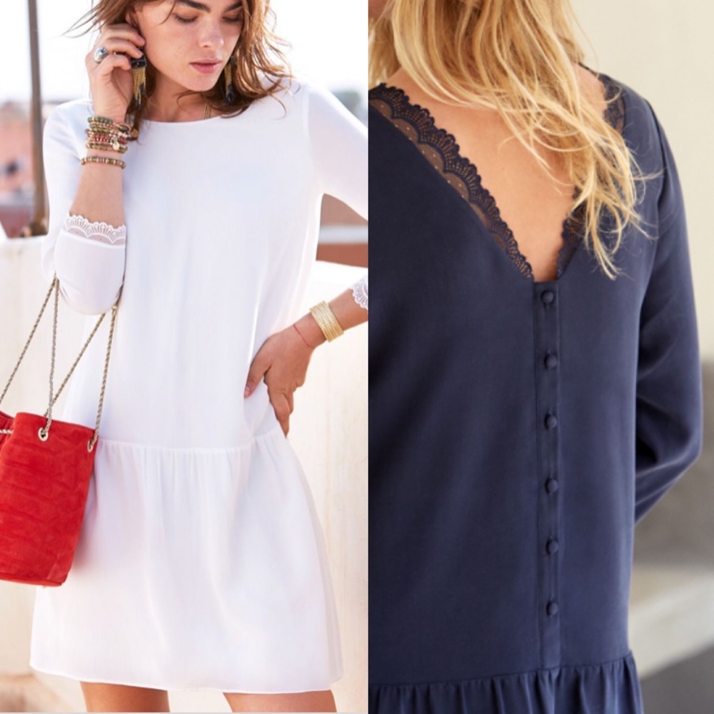 Sezane Gali Navy Lace Trim Silk Dress